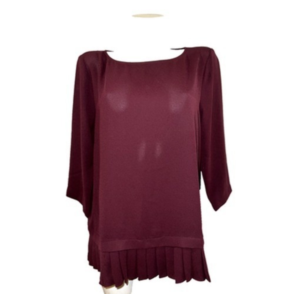 J. Jill Top Burgundy Crepe Pleated Hem Blouse 3/4 Sleeve Shirt Womens Size L